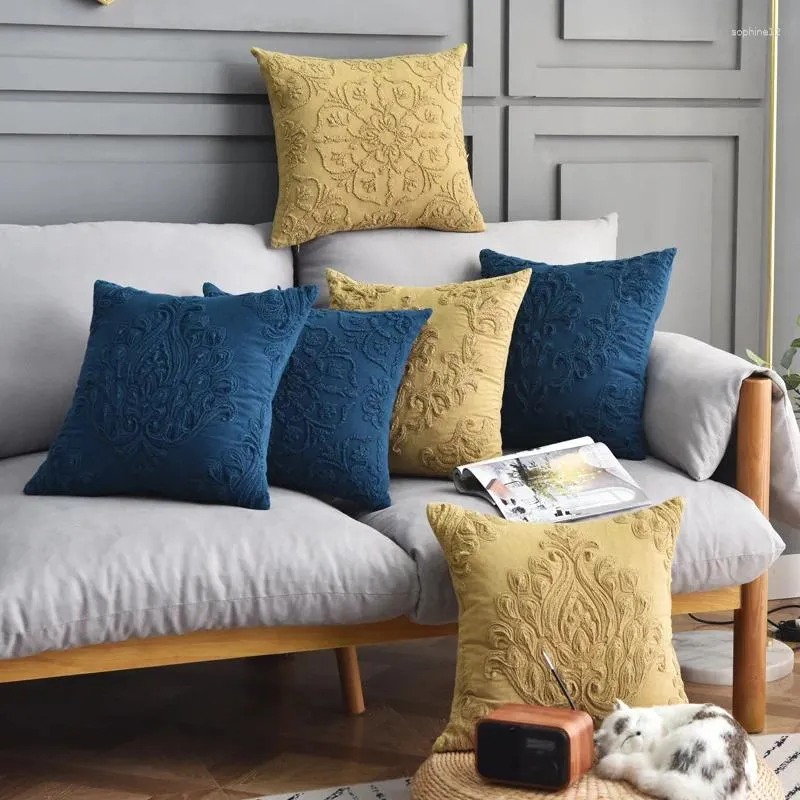 Yastık 45x45cm el yapımı retro mavi/sarı nakış kapağı dekoratif kanepe yastık kılıfı ev