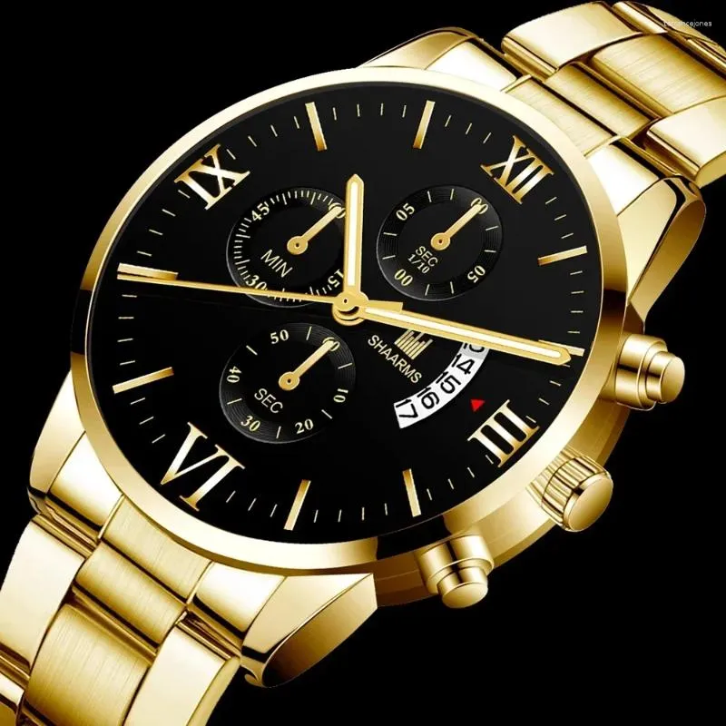 Armbanduhren Luxus Männer Militär Quarz Uhr Edelstahl Gold Schwarz Kalender Date Männliche Uhr Relogio