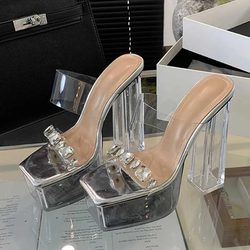 Scarpe eleganti Liyke Crystal Pvc Slifori trasparenti Spettastri a piattaforma piatta a piattaforma piena di piedi quadrati sexy tacchi a slancia per donne sandalo estivo H240403BFKH