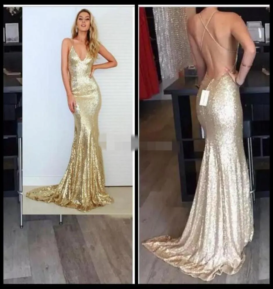 Champagne Gold Mermaid Robes de bal 2019 Sparkle Long Glitter Robes de bal ouverte Robe à paillettes sexy Backless4604656