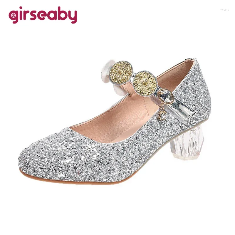 Dress Shoes Girseaby Women Wedding Princess Pumps Mary Janes Buckle Transparent Heel Sequins 5cm Square Glitter Big Small Size 28 43