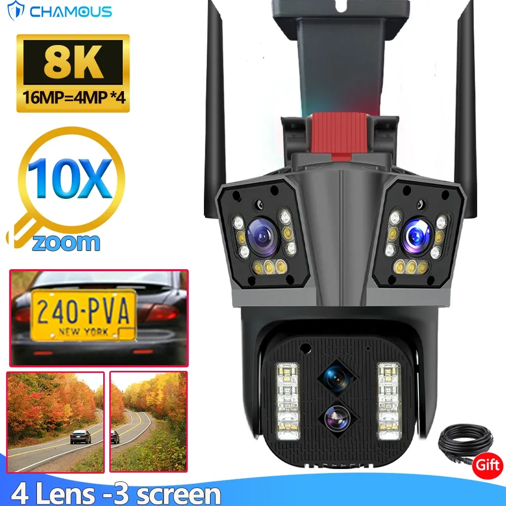 Cameras 16MP 8K CAME WIFI CAME DE SOINT 10X Zoom Surveillance Four Lens THREEN SCREAT PTZ Sécurité Caméra Video CCTV AI Suivi grand angle