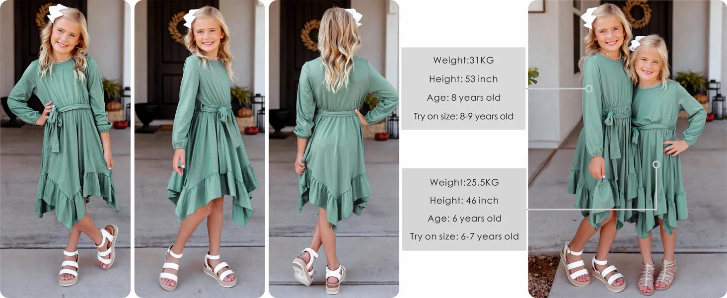 tween girl fall long sleeve maxi boho bohemian round neck solid color dress kid swing size clothes