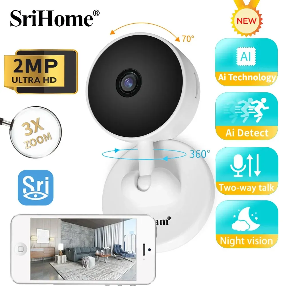 Monitors Srihome SP027 2MP Indoor IP Camera WIFI AI Human Motion Detection Baby Monitor Wireless Alarm Push Home Security CCTV Camera