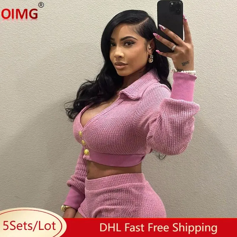 Tracksuits pour femmes 5 tenues de tricot en gros Summer Femmes Two Piece Sets Shirt à manches longues et shorts Sweins Sweins en tricot solide 10868