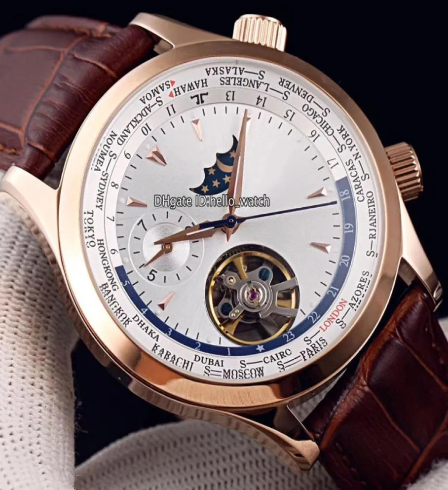 Nowy 42 mm Master Controlld World Geographic Q1522420 White Dial Automatyczna męska zegarek księżyc faza Tourbillon Rose Gold Case Skórzanie Str3971036