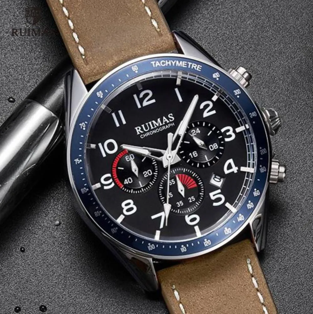 Ruimas Men039s Brown Leder Quarz Uhren Luxus Chronographen Außenwaffenmänner Militär Sport Watch männlich Relogios Maskulino 5746115133