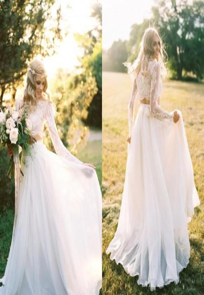 2017 romantico bohémien a due pezzi abiti da sposa abiti lunghi maniche in pizzo top top chiffon beach country abiti da sposa 7437521