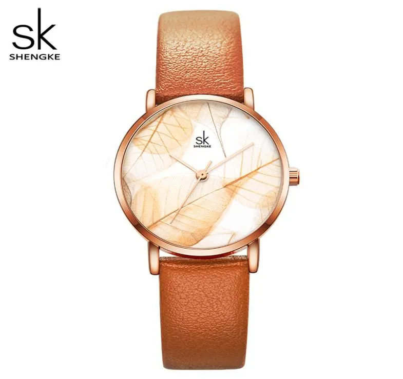 Shengke New Women Watches Creative Leaves Dial Bright Leather Strap Quartz Cloctz Fashion Casul Ladies Montre Femme7754940