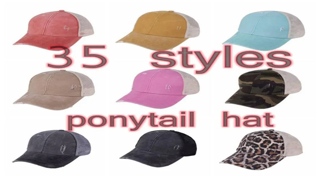 Criss Cross Ponytail Hats 35 kleuren gewassen gaas rommelig broodje camo luipard honkbal pet outdoor sport trucker hoed cyz31859245547