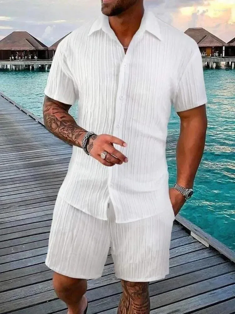 Testros masculinos StyleConjunto de Camisa con estampado 3d para hombre manga informal corta a rayas lisas pantalones corto plla