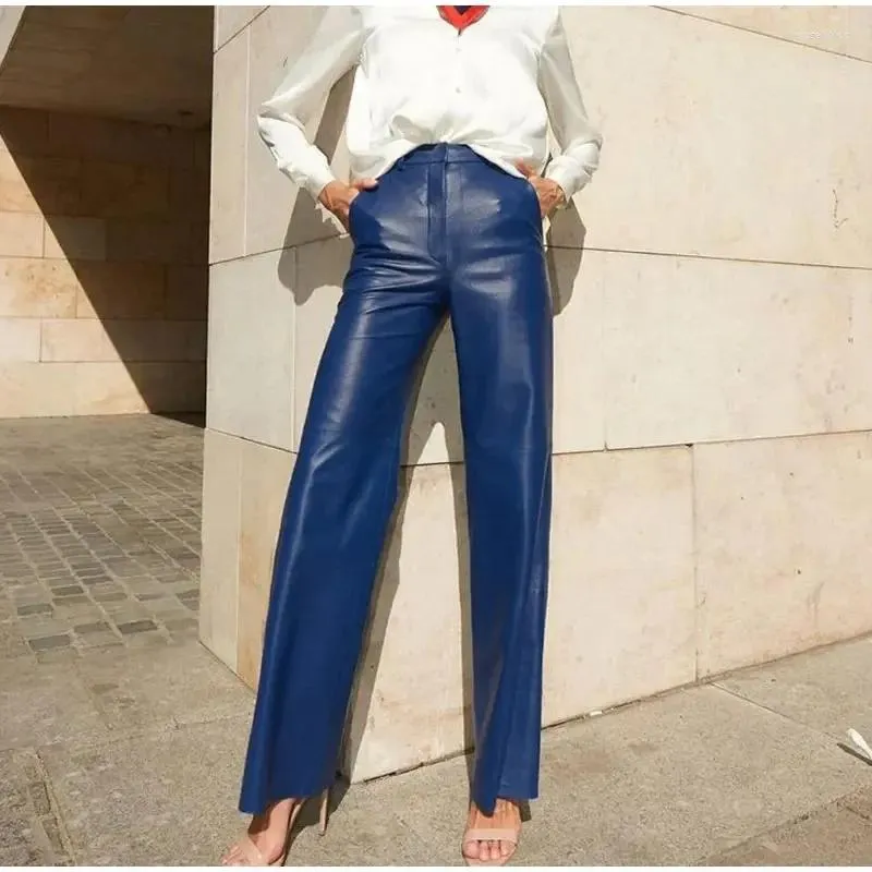 Pantalon féminin 2024 Streetwear de mode élégant Lady Pant Autumn hiver pu cuir en cuir bleu mince haute taille pantalon droit femelle