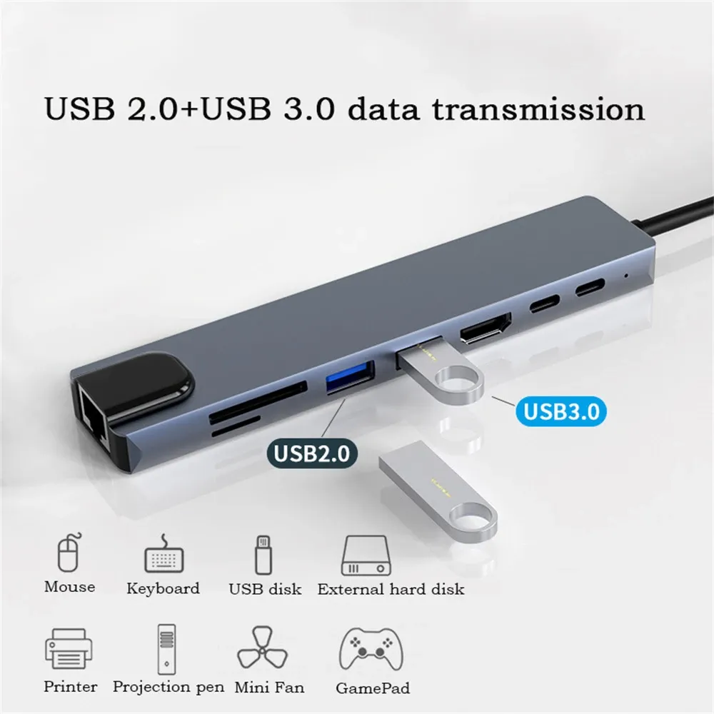 Hubs 8 In 1 USB Type C Hub to 4K HD Adapter with RJ45 SD/TF Card Reader PD Fast Charge for MacBook Notebook Laptop Computer