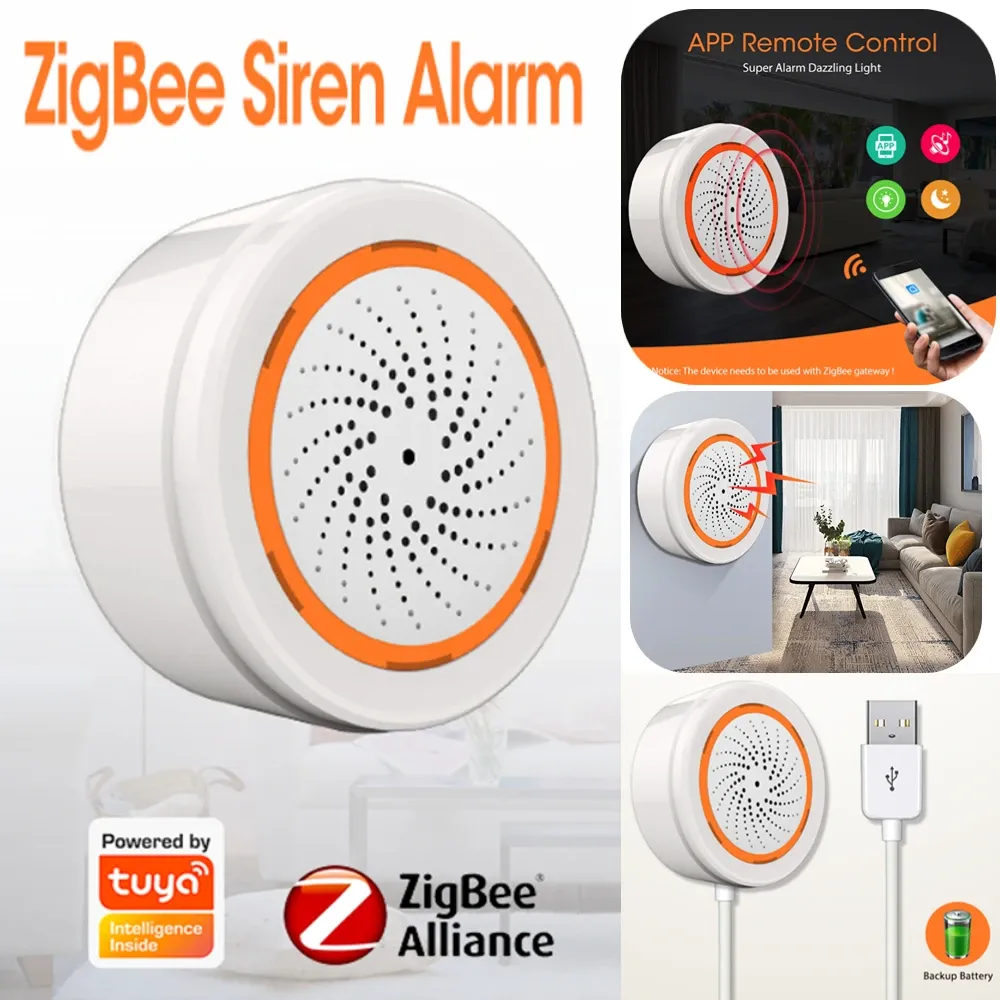 Kits Tuya Zigbee Siren Sound Light Alarm 90dB Volume Sensor Smart Alarm Siren App Remote Control For Home Security Protection System