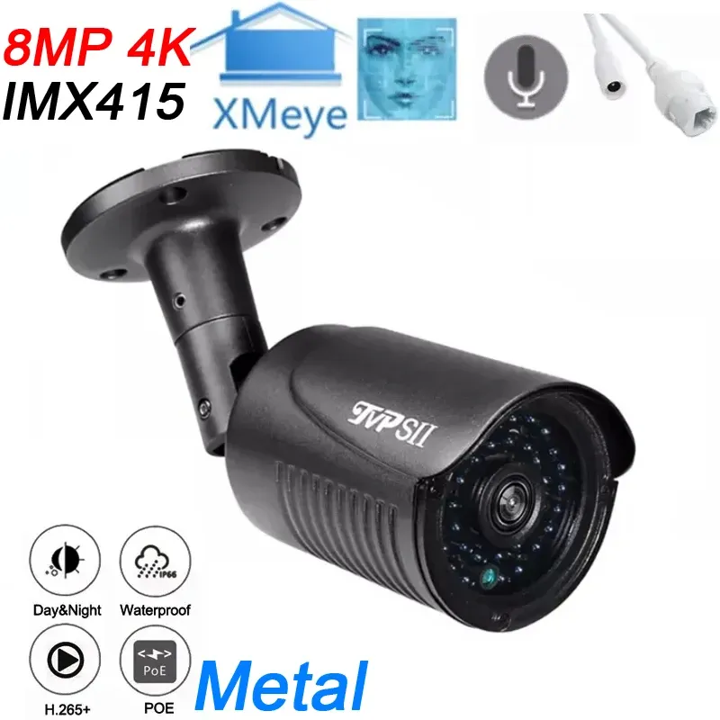 Camera's 8mp 4K Sony IMX415 Xmeye Gray Metal 36pcs Infrarood LEDS Waterdichte AUIDO H.265+ Face Detectie Onvif Poe IP -beveiliging CCTV -camera