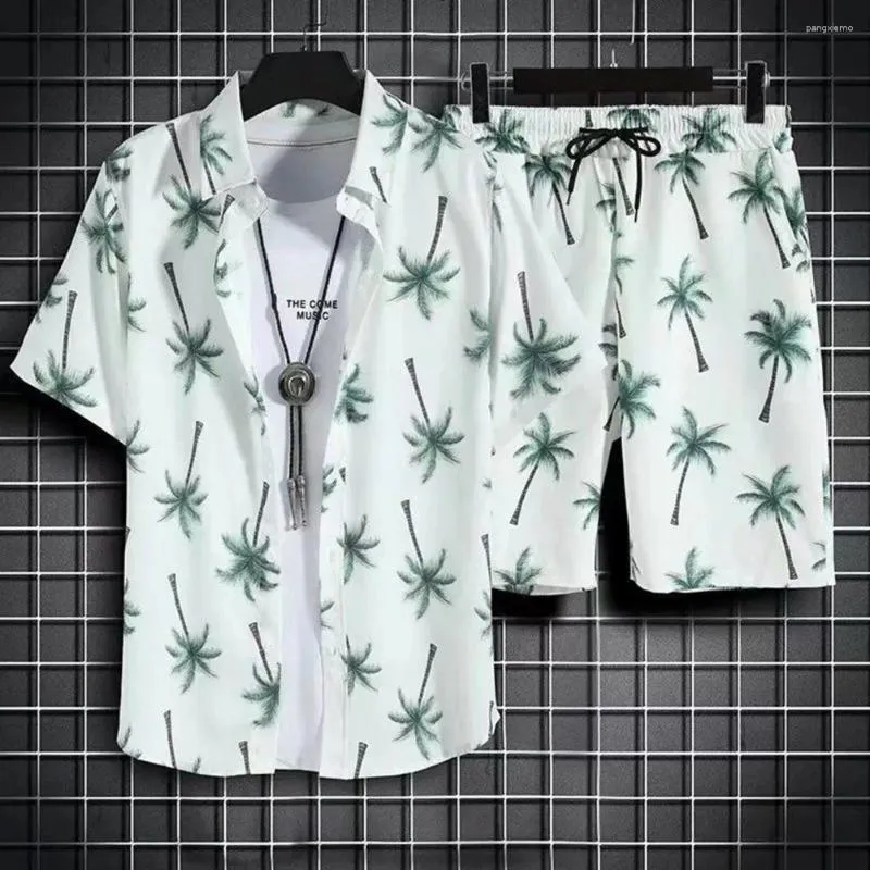 Men's Tracksuits Tropical Leaves Print Outfit Hawaiian Style Shirt Shorts Set With Lapel Collar Drawstring Waist For Summer