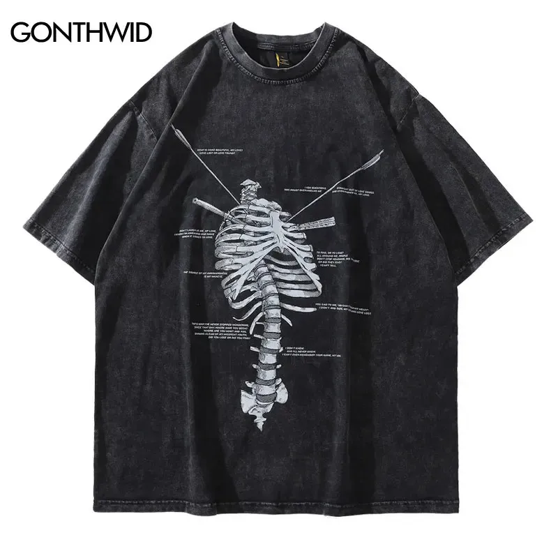 Hiphop tshirt streetwear män skelett skalle tryckt orolig t shirt sommar harajuku överdimensionerad tvättad t-shirt topp tees 240329