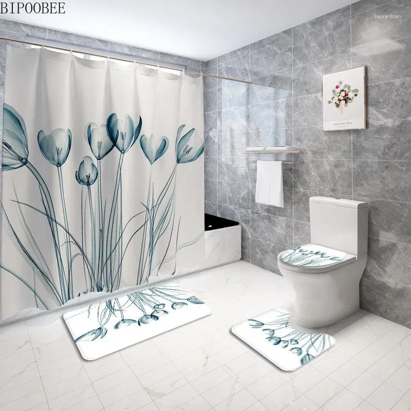 Douchegordijnen tulp patroon print gordijn waterdichte polyester stof badkamer voetstuk tapijt toilet deksel deksel badmatten tapijten tapijten