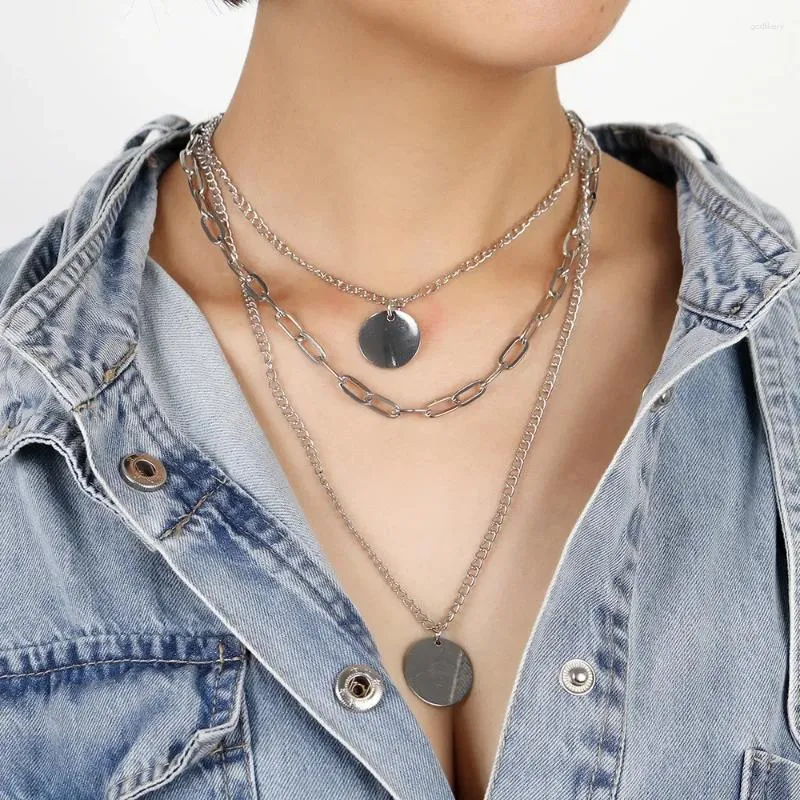 Hänghalsband boho vintage silverplatta punk tjock kedja rund paljett halsband för kvinnor mode geometri flerskikt choker smycken