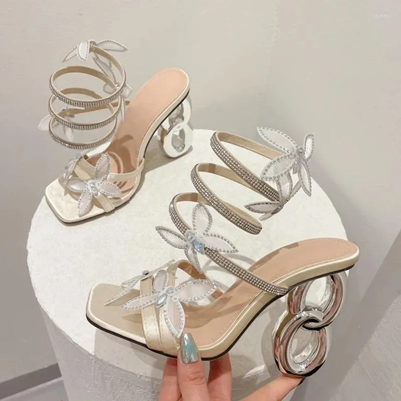 Sandali aneikeh stile strano stile metallico tacchi gladiatori donne estate di moda peep punta farfalla scarpa ad abito party quadrate