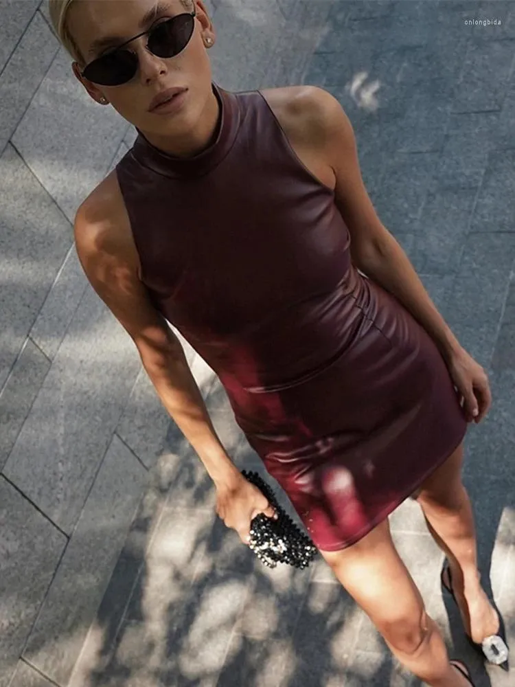 Casual Dresses Fashion PU Leather Mini Dress Women Elegant Stand Collar Bodycon Short Party Female Sexy Slim Sleeveless Evening Vestidos
