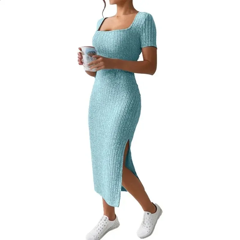 Versatile Knitted Seam ribbed midi dress with Square Neck, Hip Hugging, and Short Sleeves for Summer - 241212