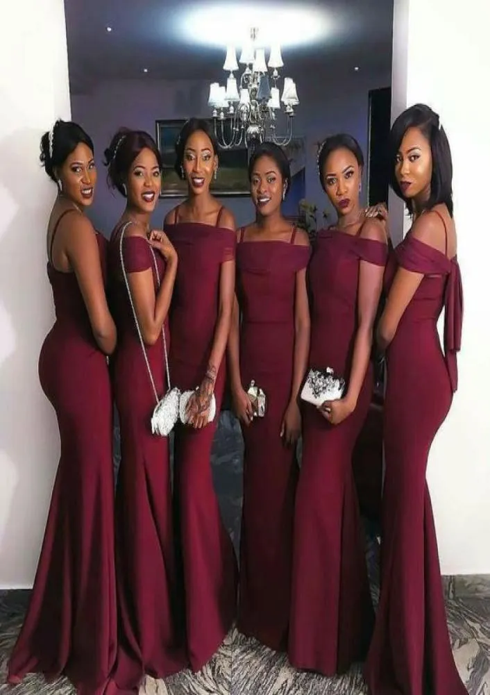 Elegant Mermaid Off Shoulder Long Burgundy Bridesmaid Dresses Floor Length Zipper Satin Sleeveless Bridesmaid Gown for Women1148041