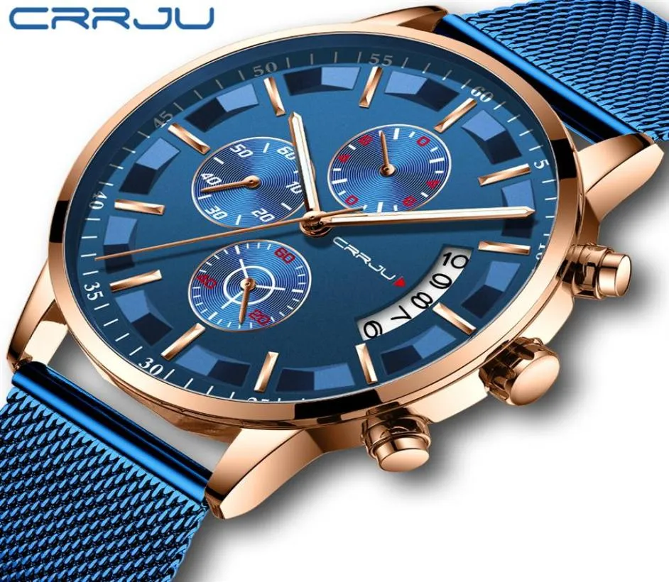 2019 Mens élégants montres crrju marque bleu militaire imperméable sportive montre Men039