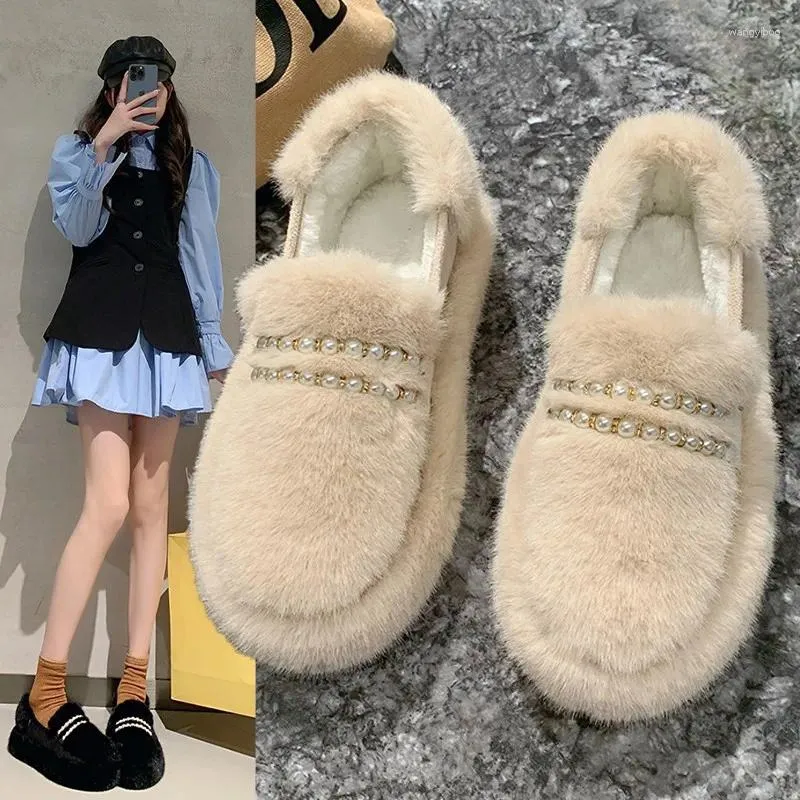 Casual Shoes Thick Sole Woolen Women's Autumn And Winter Fashion Pearl Comfortable Slip-on Bean Plus Cashmere Warm Cotton