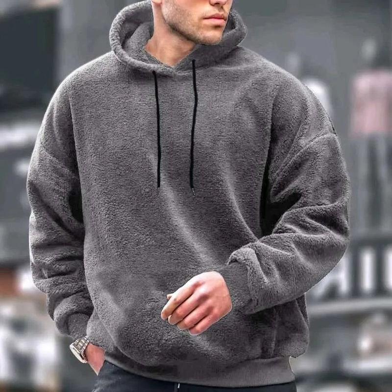 Fleece Hoodie Winter Sweatshirt For Men Fashion Solid Warm Fleece