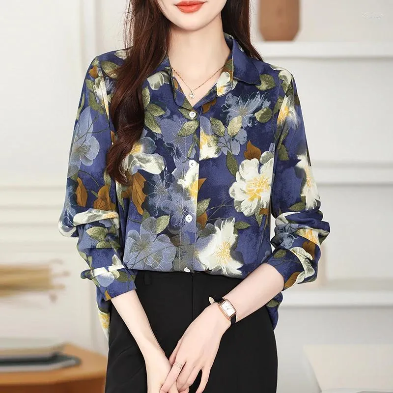 Women's Blouses Flower Floral Printing Vintage Chiffon Polo-Neck Long Sleeve Loose Blouse Shirt Korean Fashion Female Clothing Tops 2024