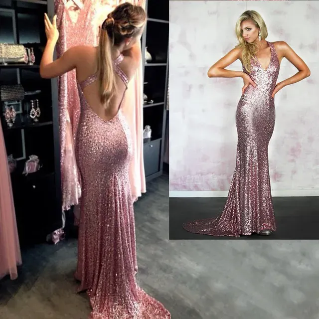 Dresses Sparkling Sequin Prom Dresses Sexy Backless Glitter Mermaid Evening Party Dresses Open Back V Neck with Cross Straps Party Gowns