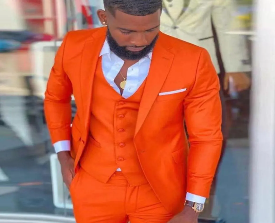 Orange Three Pieces Mens Suit One Button Slim Fit Tuxedos Fashionable Gromens Ruglar Vestes et Pants2706115