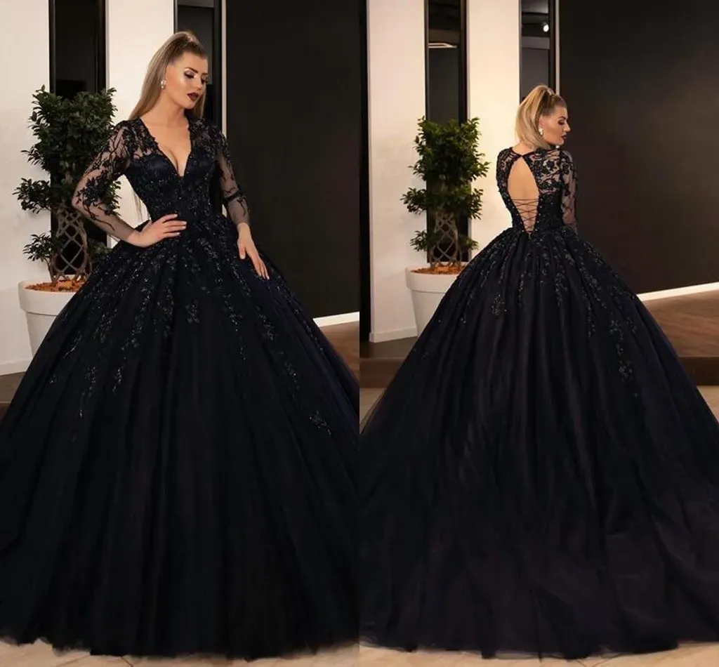 Elbiseler Gotik Siyah Vintage Gelinlikler V Boyun Uzun Kollu Bohem Dantel Bir Çizgi Ülke Gelin Önlükleri Korse Back Vestidos De Novia A