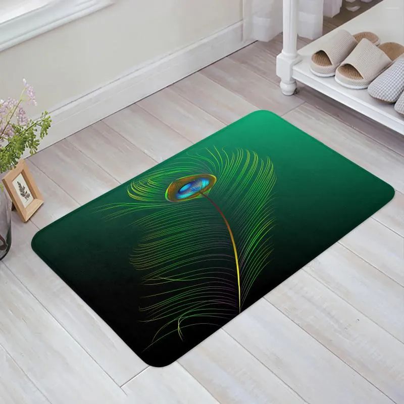 Carpets Green Peacock Feathers Floor Mat Entrance Door Living Room Kitchen Rug Non-Slip Carpet Bathroom Doormat Home Decor