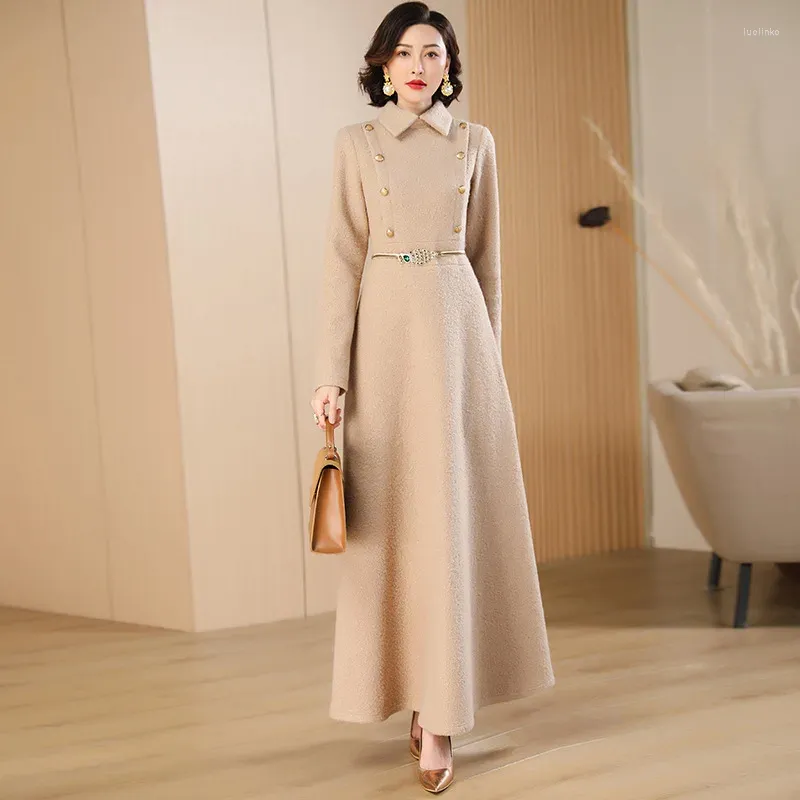 Casual Dresses Woolen Long Winter Dress Turn-Down Collar Cashmere Office Lady Khaki Runway Warm Snow Wear Maxi Evening Ankle Length