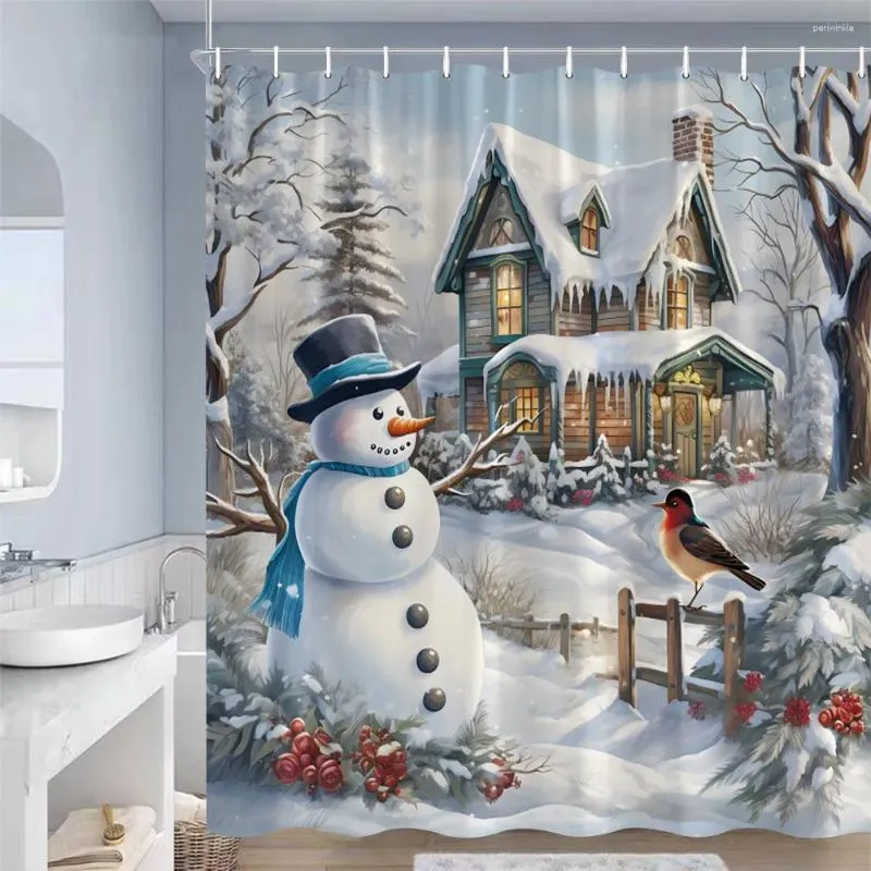 Douchengordijnen Winter Snowman Gordijn Forest huis Sneeuwbomen Bird Nature landschap kerstdecoratie polyester doek badkamer badkamer