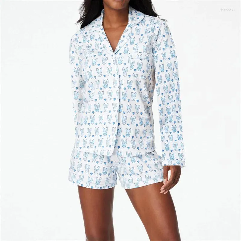 Ev Giyim Kalp Pijamaları Kadın Y2K Loungewear yaka yaka tek göğüslü uzun kollu gömlek ve şort 2000s Sweetwear Nightwear