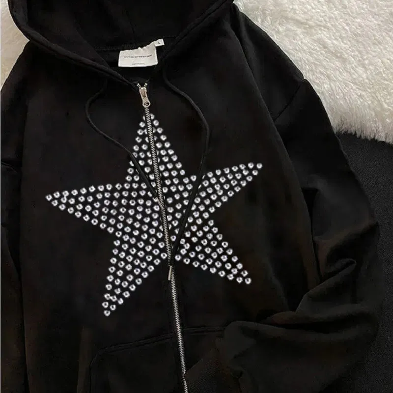 Women's Hoodies Big Promotion American Fashion Hip Hop Y2K Super Couple Street Zipper Pentagram Rhinestone Print Pattern Men's