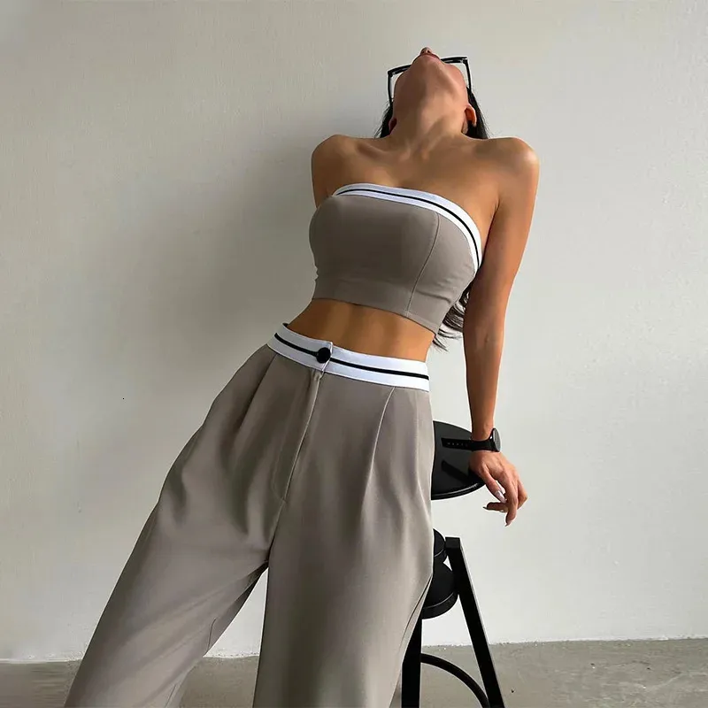 Womens Sexy And Fashionable Pants Set Spring/Summer Spicy Girls Sports Tube TopHigh Waist Wide Leg 2 Piece Pant Suit S-2XL 240329