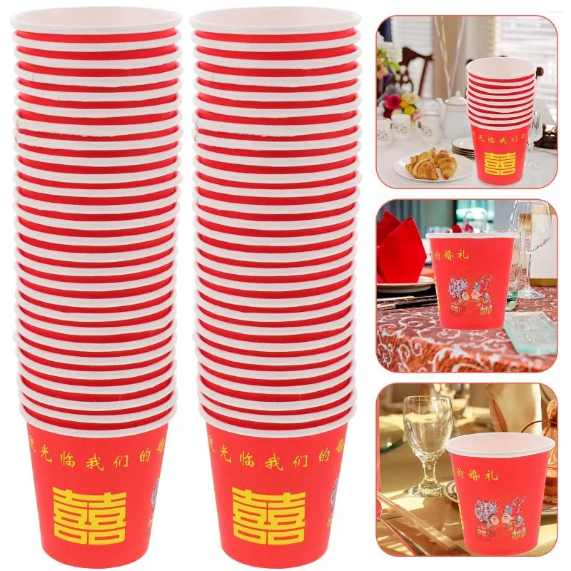 Disposable Cups Straws 100 Pcs Red Double Happiness Glass Drinking Holders Glasses Coffee Mugs Set