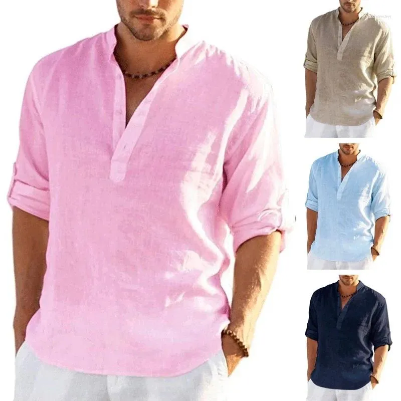 Camicie casual da uomo camicia a maniche lunghe in lino top di cotone a colori solidi S-5xl