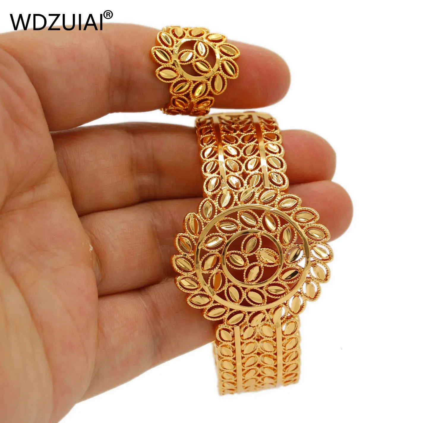 WDZUIAI Luxury Watch Shape Bracelet Ring Sets Dubai Gold Color Can Open Bangle African Spain Women Bridal Wedding Jewelry Gifts 240401