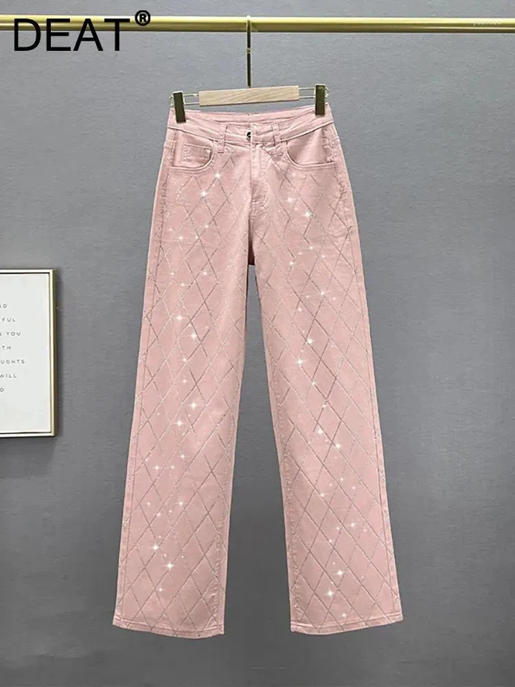 Jeans pour femmes femmes hautes taille solide plaid plaid hingestone diamants droit pantalon denim de jambe large 2024 mode d'été 29L7164