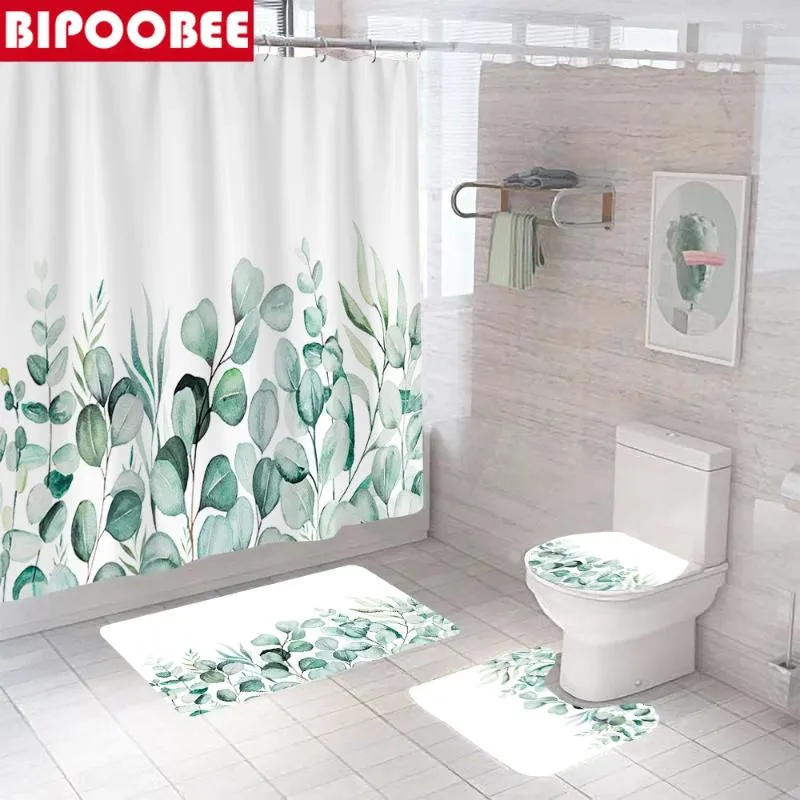 Duschgardiner Tropiska grönt växtblad gardin badrum heminredning toalett täcke piedestal mattor icke-halk mattan badmatta