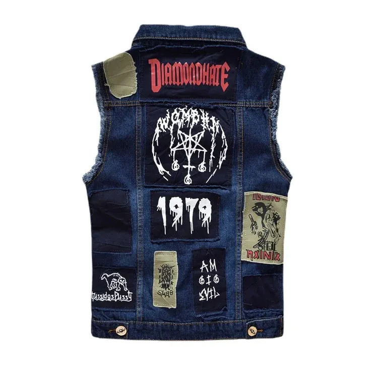 Men Patched Denim Waistcoats Vests Jackets Fashion Male Fit Denim Coats Vests High Street Wear Holes Jeans Vests Size S-5XL 240327