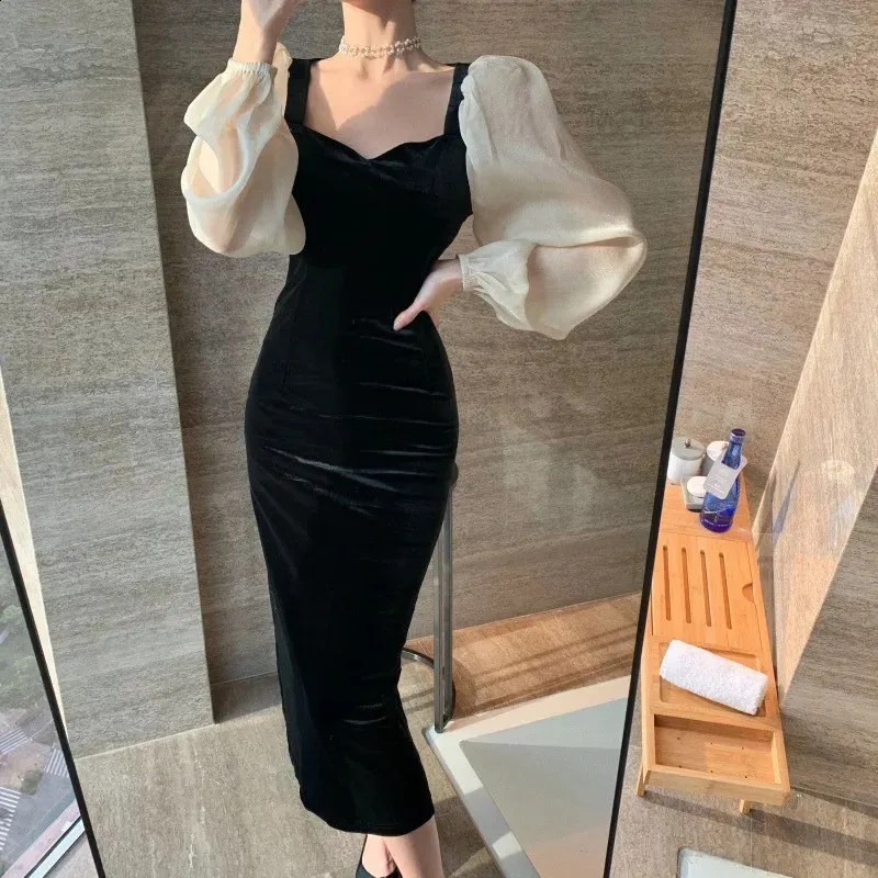 French Style Women's square neck midi dress - Elegant Patchwork Design, Long Sleeve, Perfect for Parties and Autumn - 241105