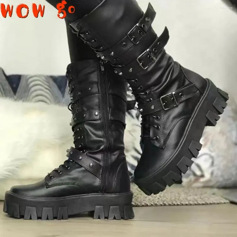 Botas para caminar botas Hebilla Hedle Chunky Heel Platform Rock Kpop Combate oscuro Mujer