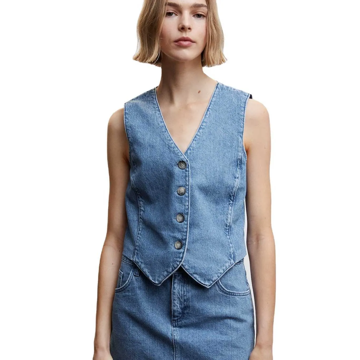 Dames kleding jas mouwloze knop weefse trui bij rug denimvest