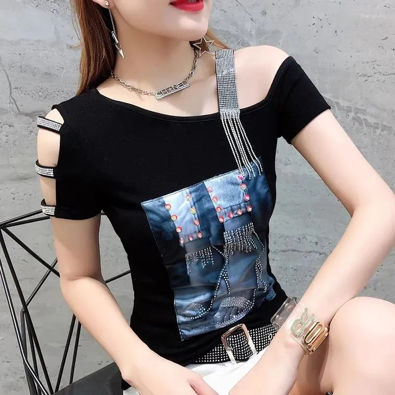 Kvinnors T -skjortor High End Custom Summer Women Kort ärm av axlar Toppar Eleganta sexiga kvinnliga flickor Streetwear Diamond Tassel Tees